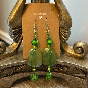 Emerald Green Stone & Bead Dangle Earrings